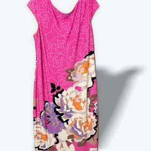 Muse Pink Floral  Midi Dress Rose Print Draped Cowl Back Cap Sleeve Womens Large